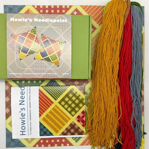 Howie's Needlepoint Needlepoint Kits for Adults Beginners, Thick Vintage Needlepoint Pillow Front Kit with Stamped Pattern on Canvas, Yarn, 2 Needles and Instruction, 16 x 16inch(Patchwork Grid) - Image 2