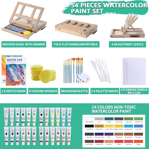 54 Pieces Complete Watercolor Paint Set with Portable Wooden Tabletop Easel - Image 2