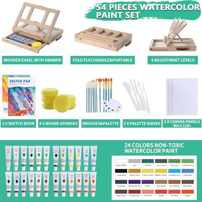 54 Pieces Complete Watercolor Paint Set with Portable Wooden Tabletop Easel - Image 2