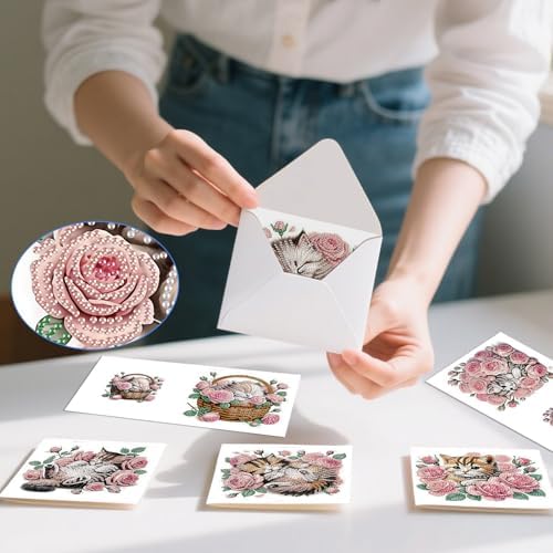 MVVMTOP 6pcs Diamond Painting Greeting Card with envelopes, DIY Cat and Rose Diamond Art Greeting Card for Blessing and Wish Special Shaped Arts Crafts for Christmas Birthday Thanksgiving Day Holiday - Image 7