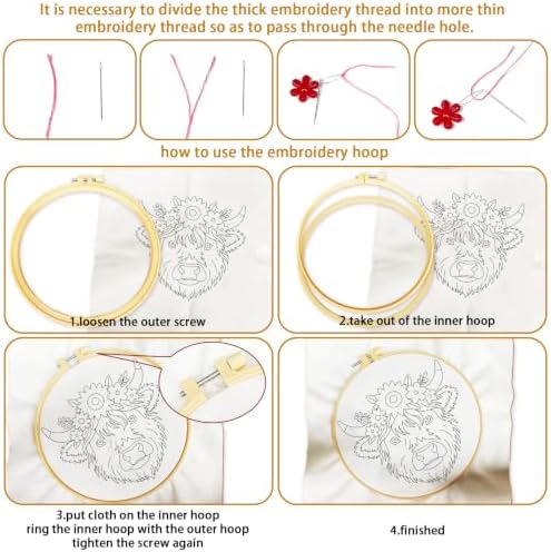 BEUNITONE 4pcs Embroidery Kit, Highland Cow & Sunflowers Stamped Embroidery Kits with Hoop, Thread & Needles, Colorful Cross Stitch Kits Sewing Gifts for Adults and Beginners, DIY Craft for Relaxation - Image 3