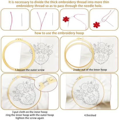 BEUNITONE 4pcs Embroidery Kit, Highland Cow & Sunflowers Stamped Embroidery Kits with Hoop, Thread & Needles, Colorful Cross Stitch Kits Sewing Gifts for Adults and Beginners, DIY Craft for Relaxation - Image 3