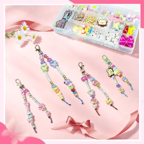 NCIWAN Y2K Beaded Keychain Making Kit for Girls, Kawaii Acrylic Bag Charm & Phone Lanyard Supplies, DIY Craft Jewelry Making Kit with Letter, Bear, Bow, Butterfly Beads for Kids Teens Women - Image 3