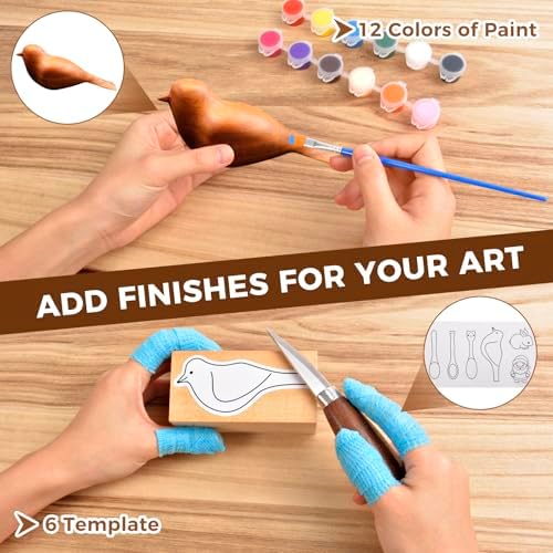 Wood Carving Tools Kit - 40pcs Whittling Kit with Mini Bench Vise, 6pcs Knives, 7pcs Blocks, 12 Colors of Paint, 6 Template, Gloves, Manual, Complete Woodworking Set for Beginners, Whittling Gifts - Image 6