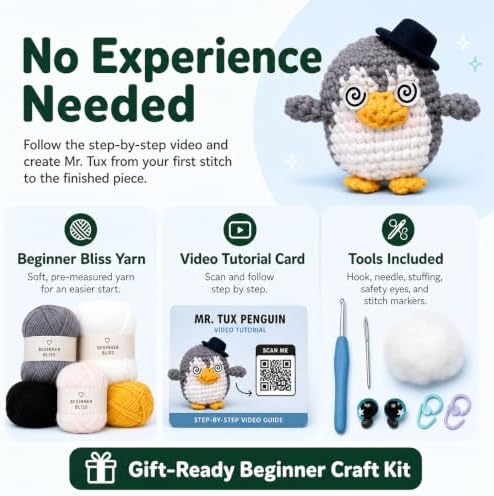 Bubbly Crochet Mr. Tux the Penguin Crochet Kit for Beginners – DIY Penguin Plush with Customizable Eyes & Hat, Step-by-Step Video Tutorials & All-in-One Tools – Amigurumi Craft Kit and Easy Arts - Image 7
