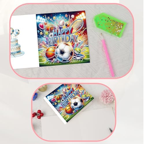 JISHSHAY 6 PCS Diamond Painting Happy Birthday Cards Football Cake Diamond Art Greeting Cards with Envelopes Gem Art Gem Painting Embroidery Kit Mosaic Kits for Adults with Special Shape Drills - Image 5