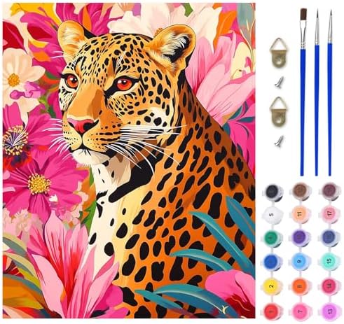 Lxmsja Leopard Paint by Numbers Kit for Adults, Pink Floral Acrylic Paint by Numbers for Adults Beginner, DIY Craft Supplies Oil Painting Kits for Home Wall Decor 16x20 inch (No Frame) by Lxmsja