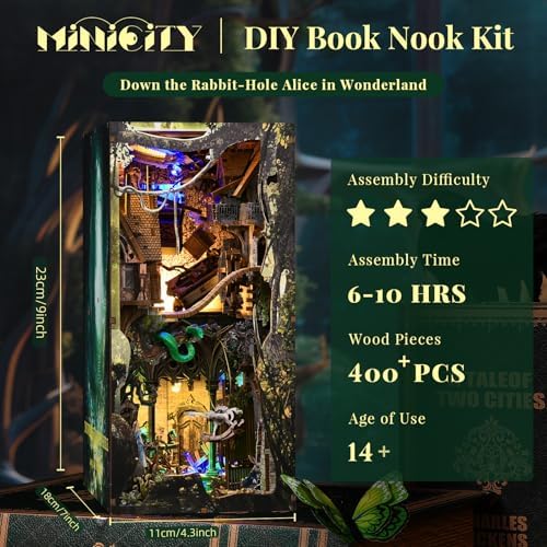 MiniCity Down the Rabbit Hole Book Nook Kit, DIY 3D Wooden Puzzle with LED - Image 2