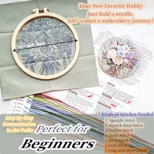 FONNUY Bouquet Flowers Embroidery Kit for Beginners, Pre-Stamped Pattern Kits for Adults with Hoop, Easy to Follow Color Thread Needlework, 8'' Hoop (Joyful Bouquet) - Image 5