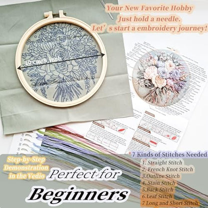 FONNUY Bouquet Flowers Embroidery Kit for Beginners, Pre-Stamped Pattern Kits for Adults with Hoop, Easy to Follow Color Thread Needlework, 8'' Hoop (Joyful Bouquet) - Image 5