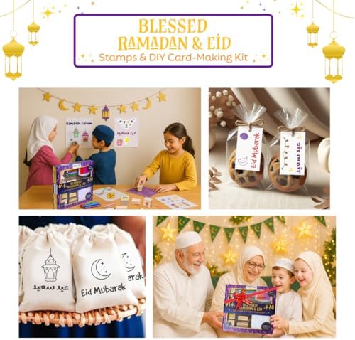 Ramadan & Eid Crafts Set with Stamps DIY Card-Making Kit for Kids 40 Pieces 11 Wooden Stamps, 12 Cards & Envelopes, 5 Pencils, Dual-Color Ink Pad, Ramadan Stickers-Islamic Gifts, Ramadan Decor - Image 6