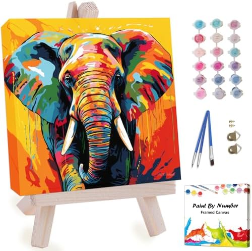 Artunion Framed Paint by Numbers Kit for Adults Beginners & Kids Ages 8-12,Colorful Elephant Paint by Number with Frame,Abstract Animal Paint by Numbers Kit on Canvas 10 * 10 Inch Without Easel by ArtunionDriect