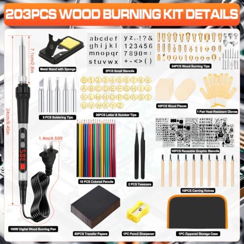 203PCS Wood Burning Kit, 100W Digital Wood Burner Tool with Adjustable Temperature, Pyrography Pen Set with 54 Tips, Letter Number Stamps, 10 Stencils, Transfer Papers, Carving Tools & Case - Image 2