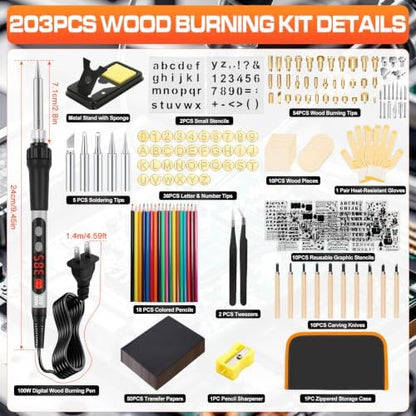 203PCS Wood Burning Kit, 100W Digital Wood Burner Tool with Adjustable Temperature, Pyrography Pen Set with 54 Tips, Letter Number Stamps, 10 Stencils, Transfer Papers, Carving Tools & Case - Image 2