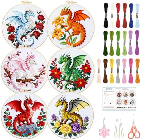BEUNITONE 6 Set Embroidery Kits for Beginners with Dragon Pre-Print Pattern by BEUNITONE