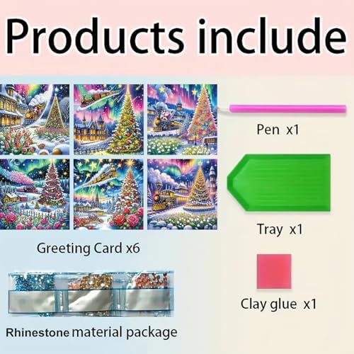 jinglinhh 6pcs Christmas Tree Train Village House Flowers Diamond Art Painting Greeting Cards with Envelopes, DIY Card Making Kits for Adults, Diamond Art Postcards Holiday Cards Craft Gifts - Image 3