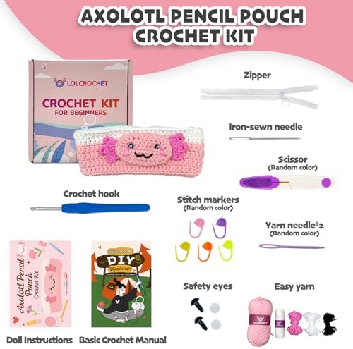 Axolotl Crochet Kit for Beginners, Learn to Crochet Pencil Bag Starter Set with Video Tutorial & Crocheting Manual, Easy Yarn Knitting Kit for Adult, DIY Amigurumi Birthday Xmas Gift Idea - Image 3