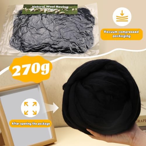 MORFEN 9.5 oz Wool Roving, Needle Felting Wool,Black Fibre Wool Roving Top - Image 2
