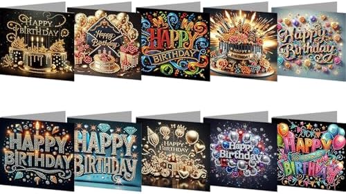 10pcs DIY Diamond Art Greeting Cards Kit with Envelopes&Tools - Create Your Own Sparkling Birthday, Thank You, Holiday Cards for Adults & Beginners(Happy Birthday) by Unknown
