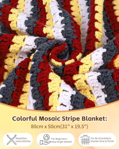 Aeelike Crochet Blanket Kit for Beginners, Colorful Mosaic Stripe,42PCS - Image 3