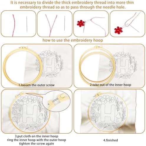 BEUNITONE 4 Set Embroidery Kit for Beginners, DIY Home Theme Pre-Stamped Pattern Needlepoint Kits for Adults with Hoop and Instruction, Funny Hand Embroidery Patterns for Cloth and Home Decor - Image 3