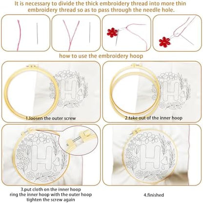 BEUNITONE 4 Set Embroidery Kit for Beginners, DIY Home Theme Pre-Stamped Pattern Needlepoint Kits for Adults with Hoop and Instruction, Funny Hand Embroidery Patterns for Cloth and Home Decor - Image 3