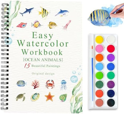 Watercolor Workbooks, 16 Colors Water Color Books Paint Set for Adults, Watercolor Coloring Book for Beginners, Water Color Workbook, 15 Beautiful Paintings for Beginners (Ocean Animals) by Terself
