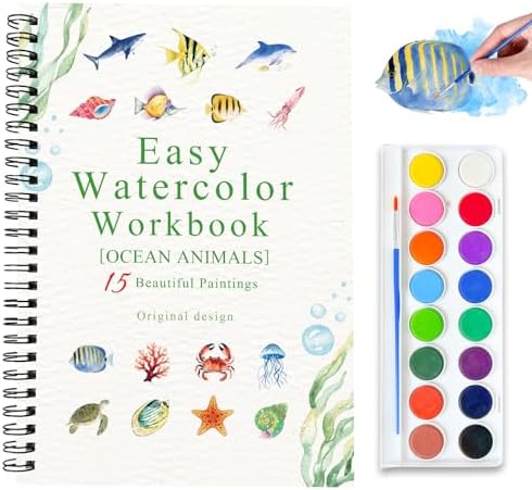 Watercolor Workbooks, 16 Colors Water Color Books Paint Set for Adults, Watercolor Coloring Book for Beginners, Water Color Workbook, 15 Beautiful Paintings for Beginners (Ocean Animals) by Terself