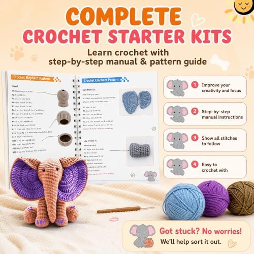 JYZJDKE Crochet Kit for Beginners Adults - DIY Amigurumi Elephant Knitting Starter Kit with Yarn Sets, Crochet Animal Kit Cute Stuffed Animal Craft Birthday Gifts (Dark Green+Flesh Pink Elephant) - Image 5