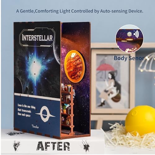 Tonecheer DIY Book Nook Kit for Adults,3D Wooden Puzzle Bookend Bookshelf Insert Library Decor, Booknook Miniature House Kit with Body Motion Sensor LED Light（Interstellar） - Image 5