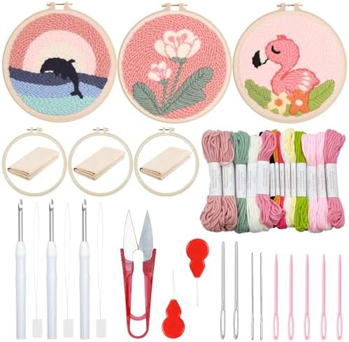 Woohome Punch Needle Kit Included Plastic Hoops, Punch Needle Cloth, Color Yarn and Punch Needle Tools for Adults, Beginners (Whales, Flowers, Bird) by Woohome