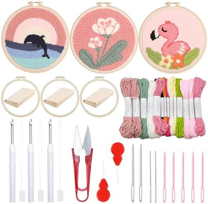 Woohome Punch Needle Kit Included Plastic Hoops, Punch Needle Cloth, Color Yarn and Punch Needle Tools for Adults, Beginners (Whales, Flowers, Bird) by Woohome