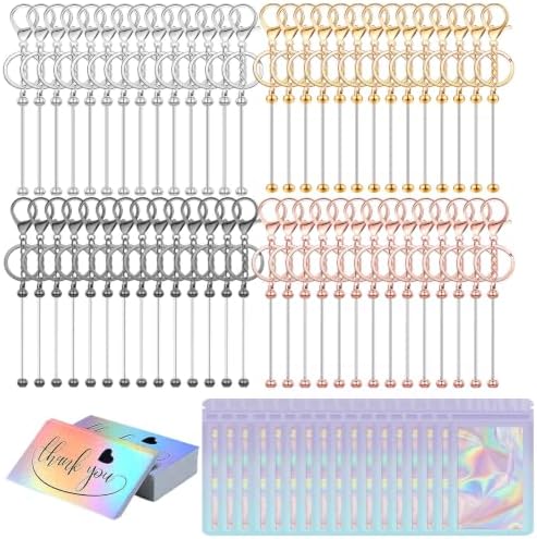 42/84/126 Pcs Beadable Keychain Bars Bulk Blank DIY Beaded Keychain Making Supplies with Bag Thank You Card by Unknown