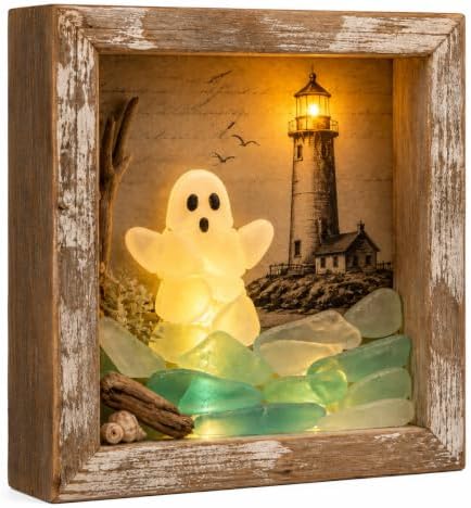 DIY Halloween Shadow Box Night Light Kit, 8.5 Inch Wooden Frame LED Craft Set with Luminous Stones & Acrylic Panels, Create Your Own Spooky Ghost & Pumpkin Scene, Fall Autumn Tabletop Home Decor by Unknown
