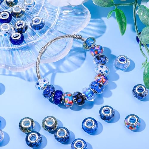 Aipridy Large Hole European Beads, Craft Supplies Kit，Assorted Mixed Color Lampwork Spacer Beads for DIY Bracelet Jewelry Making (100, Sapphire) - Image 3