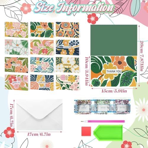 Saillong 12 Pack Thank You Diamond Painting Greeting Card Kit DIY Spring Flower Diamond Art Cards with Envelope Teacher Appreciation Gift 5D Rhinestones Painting Making Kit for Adult Teacher DIY Craft - Image 4