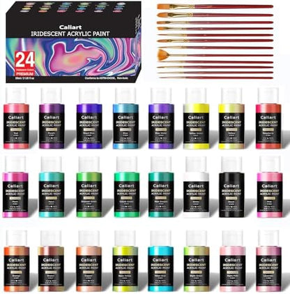 Caliart 24 Chameleon Colors Iridescent Acrylic Paint Set with 12 Brushes ﻿ by Caliart