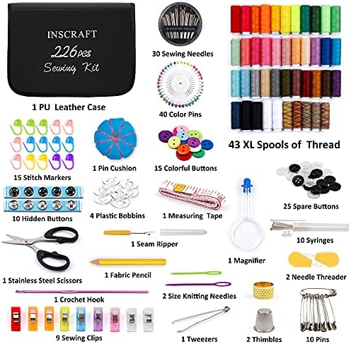 Large Sewing KIT, 226 PCS Premium Sewing Supplies with 43 XL Thread Spools, Leather Case, Scissors, Thread, Needles and Accessories, Sewing Set for Adults, Emergency, and Home by Inscraft - Image 2