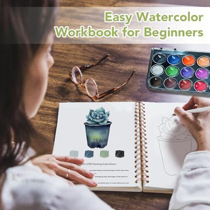Easy Watercolor Workbook for Beginners - 12 Beautiful Step-by-Step Paintings Water Coloring Book, Includes 18 Colors Paints, Relaxing Art Projects and Creative Gift for Adults & Teen (Succulents) - Image 2