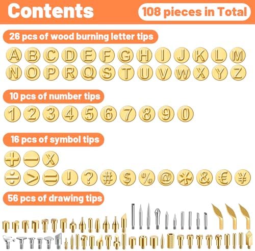 108 Pieces Wood Burning Tip Set, Brass Pyrography Tips Including Letters Numbers Symbols for Wood Burner DIY Carving Crafts - Image 3