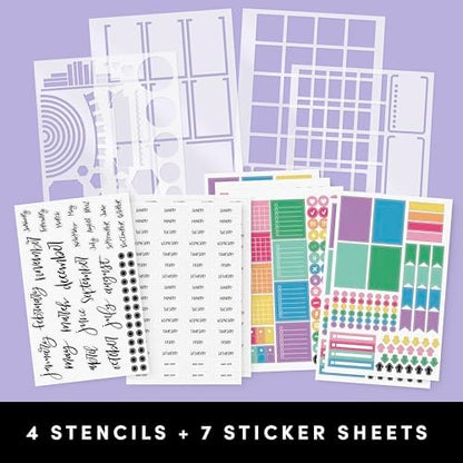 PAPERAGE Bullet Journal Kit, Dotted Journaling Set & Stationary Kit, Hardcover Dotted Journal Notebook (Navy), 12 fineliner Pens, 8 Sticker & 3 Stencil Sheets, 6 Washi Tapes - Image 4