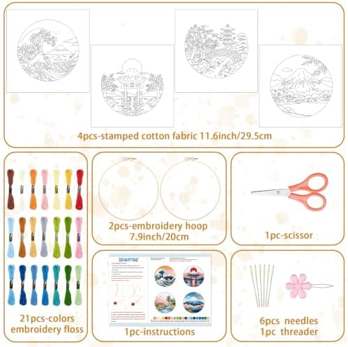 BEUNITONE 4 Pcs Embroidery Kit for Beginner, Ukiyo-e Style Landscape Wave Pattern Embroidery Materials, Cross Stitch Set with Cloth, Thread, Needle and Hoop Tools for Friendship Gift and Home Decor - Image 2