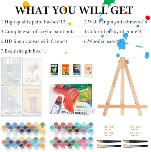 4 Pack Framed Paint by Numbers Kit for Adults Cocktail with Wooden Easel - Image 4