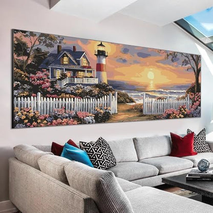 VAIIEYO Paint by Numbers Kit for Adults Sunset, Lighthouse Paint by Numbers, Large Size Painting Kit Canvas Drawing Paintwork for Beginner Arts Craft for Home Wall Decor 12x31 inch(Without Frame) - Image 2
