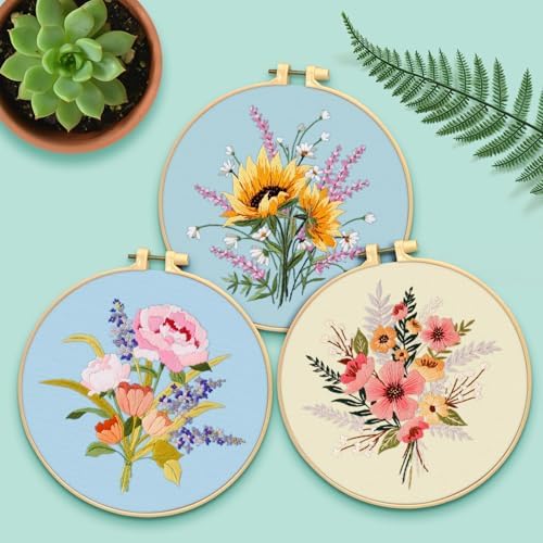 ERKOON Embroidery Kit for Beginners, 5 Sets Flower Cross Stitch Set for Adults Include Embroidery Cloth Hoops Threads for Craft Lover Hand Stitch with Skill Techniques (Bouquet) - Image 6