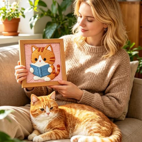 INFUNLY Cat Reading Punch Needle Kit for Beginners Book Cat Punch Needle Embroidery Kits for Adults DIY Punch-Stitching Kit with Instruction Threader Needles Square Frame for Wall Decor 9.4''x9.4'' - Image 7