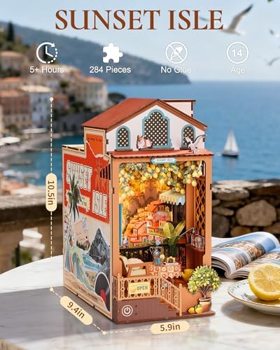 Rolife DIY Book Nook Kit Sunset Isle, 3D Puzzles Coastal Sunset Theme Miniature House Kit, Lemon Tree & Seaside View Decor for Bookshelf, Creative Gift for Adults - Image 4