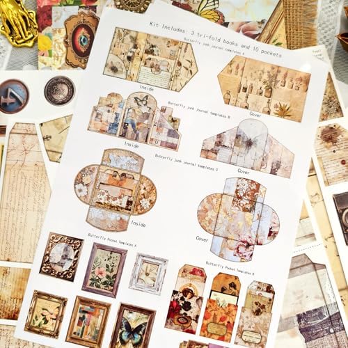 Vintage Junk Journal Kit with DIY Ephemera Storage and Accordion Pockets,11 Sheets Cardstock Pieces for Art Journaling, Scrapbooking and Mixed Media Crafts - Image 4