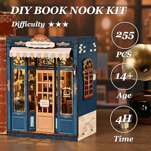 DIY Miniature Dollhouse Kit Book Nook Pergola Reading Room with LED Light, Wooden 3D Miniature House Craft Kit for Adults, Bookshelf Insert Decor - Image 4