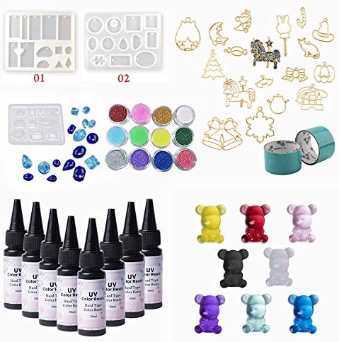 8 Color UV Resin Translucent Hard with Jewelry Casting Supplies Kit 3 Molds 17 Frames Open Bezels & Tapes for Pendants Earrings Necklaces Keychains Brooches Charms with Holographic Glitter Powder by VidaRosa